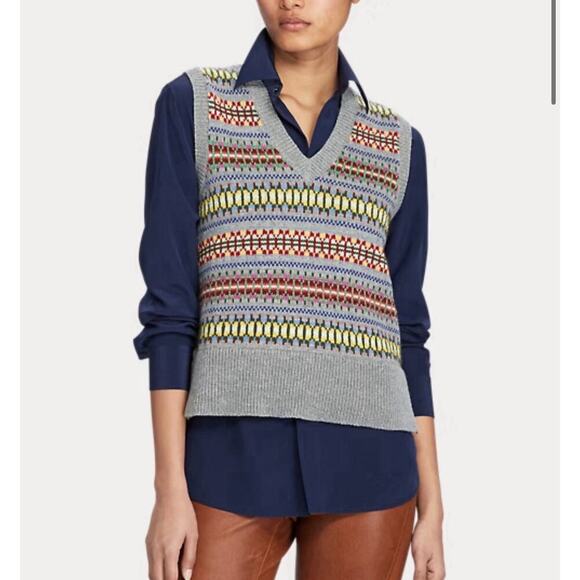 Polo Ralph Lauren Sweater Vest Fair Isle Cashmere Silk Top Coat Preppy Runway XS - Picture 2 of 13
